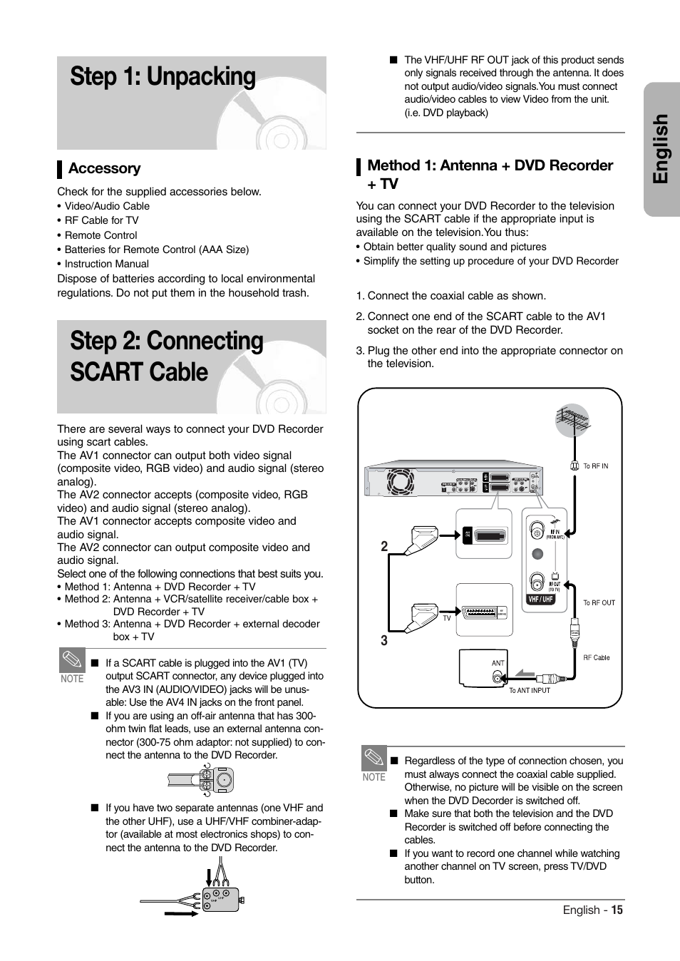 Step 1: unpacking step 2: connecting scart cable, English, Accessory | Method 1: antenna + dvd recorder + tv | Hitachi DV-RX7000E User Manual | Page 15 / 93