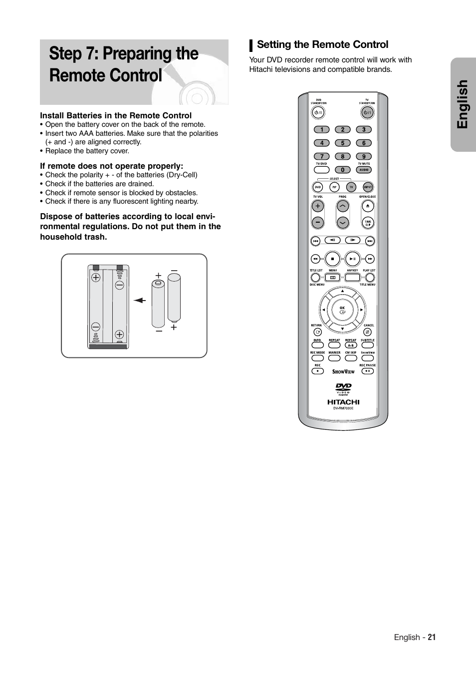 Step 7: preparing the remote control, English | Hitachi DV-RX7000E User Manual | Page 21 / 93