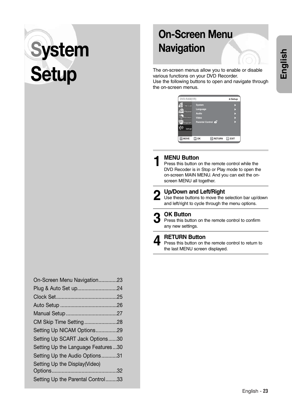 System setup, On-screen menu navigation, English | Hitachi DV-RX7000E User Manual | Page 23 / 93