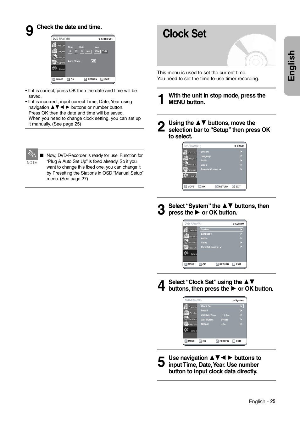 Clock set, English, Check the date and time | Hitachi DV-RX7000E User Manual | Page 25 / 93