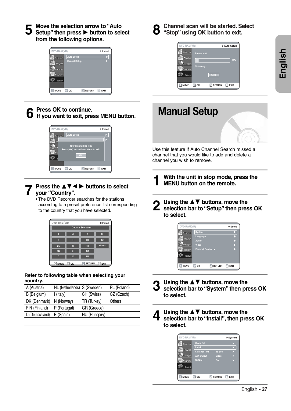 Manual setup, English, English - 27 | Hitachi DV-RX7000E User Manual | Page 27 / 93