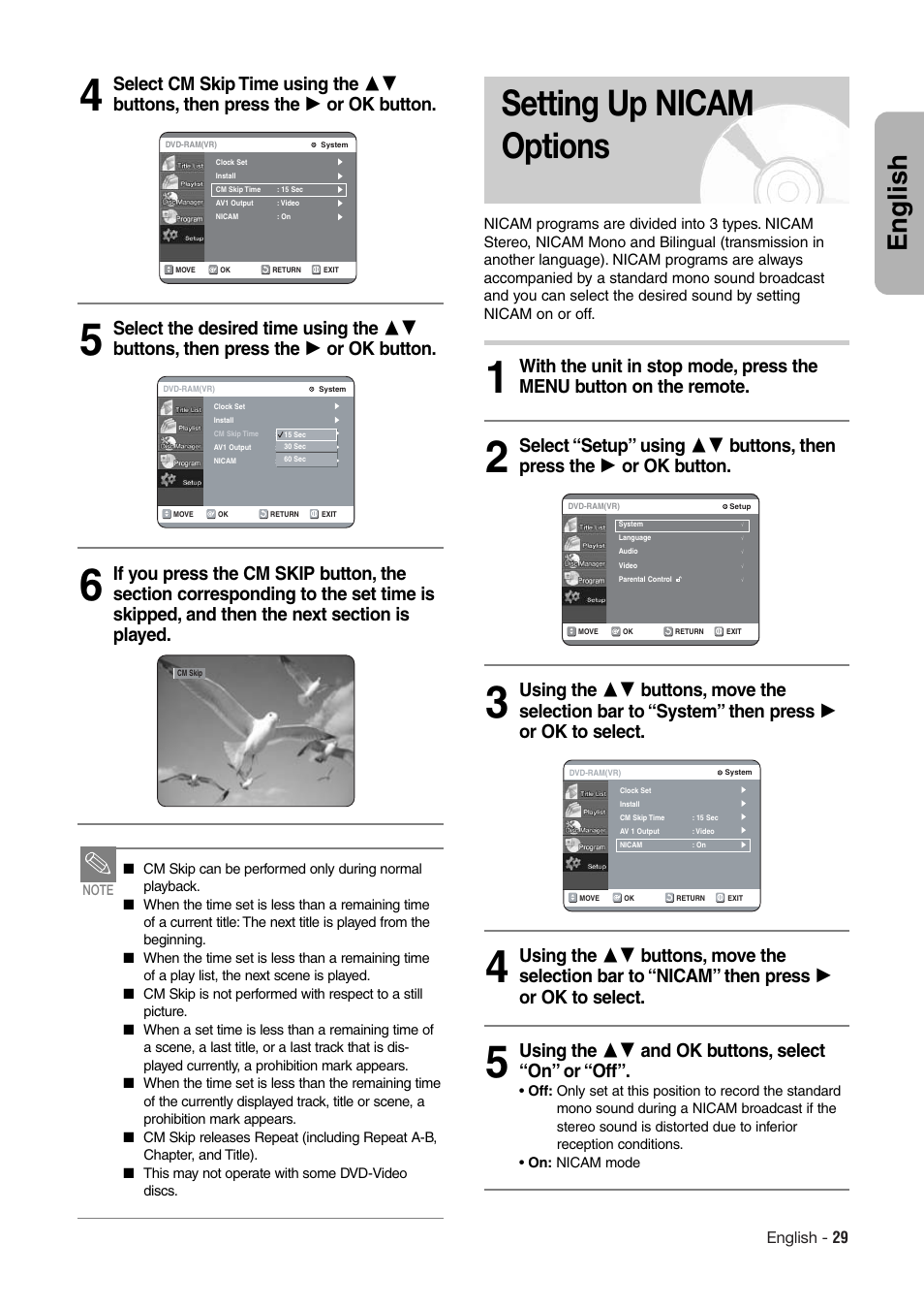 Setting up nicam options, English | Hitachi DV-RX7000E User Manual | Page 29 / 93