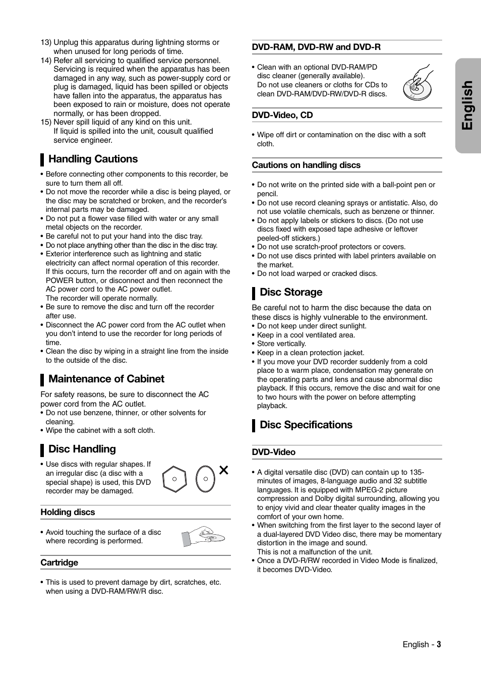 English, Handling cautions, Maintenance of cabinet | Disc handling, Disc storage, Disc specifications | Hitachi DV-RX7000E User Manual | Page 3 / 93