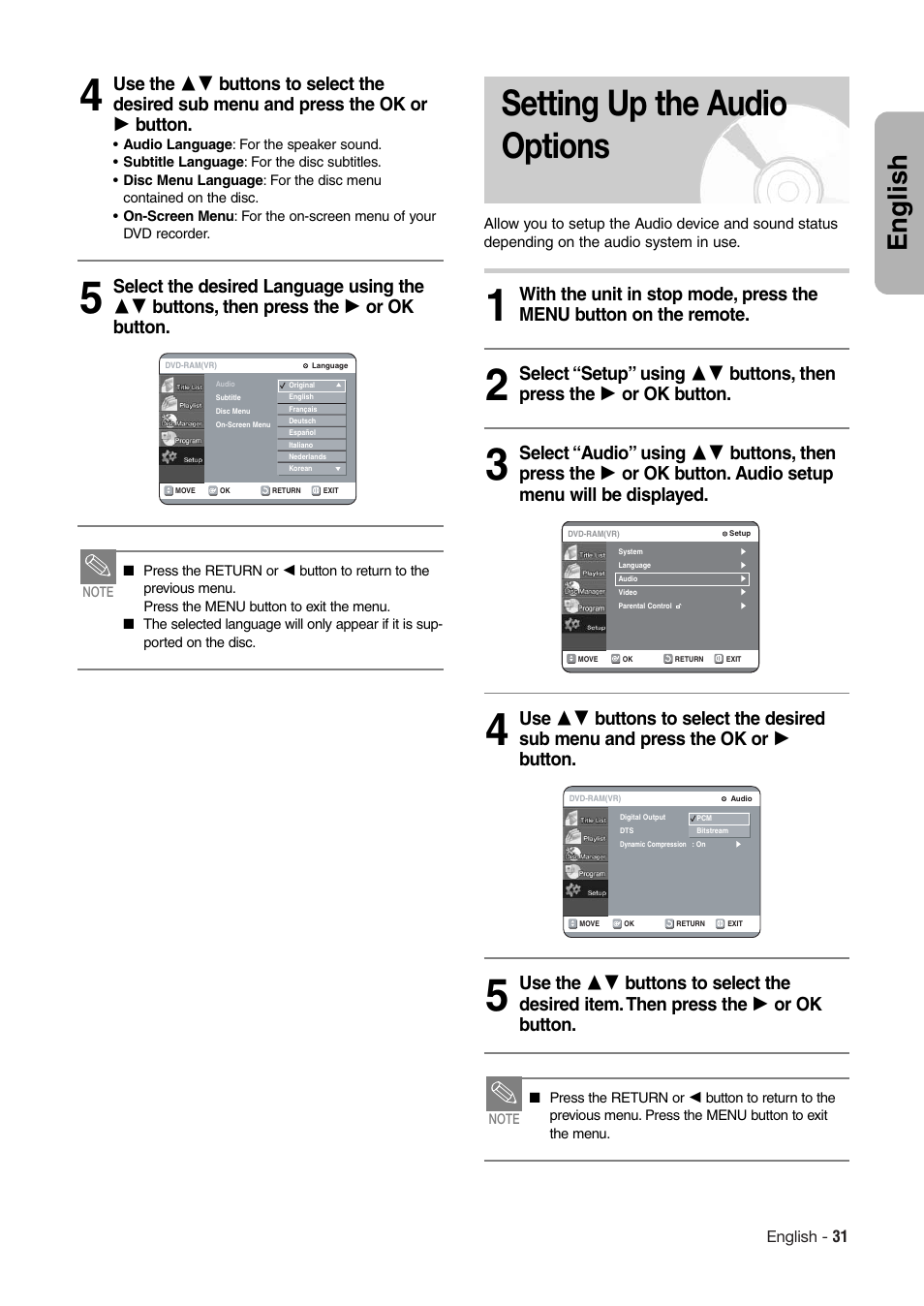 Setting up the audio options, English | Hitachi DV-RX7000E User Manual | Page 31 / 93