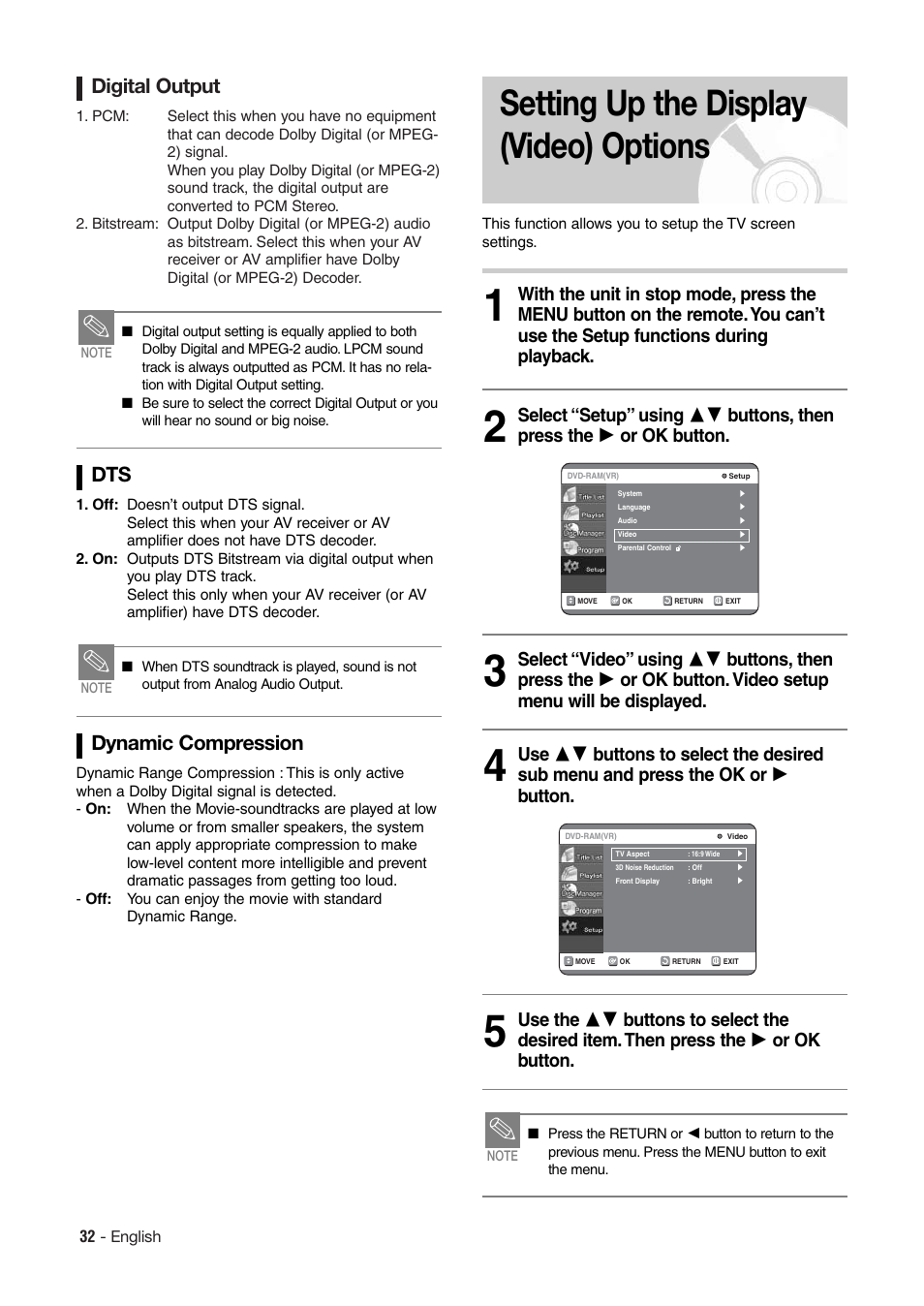 Setting up the display (video) options, Digital output, Dynamic compression | Hitachi DV-RX7000E User Manual | Page 32 / 93