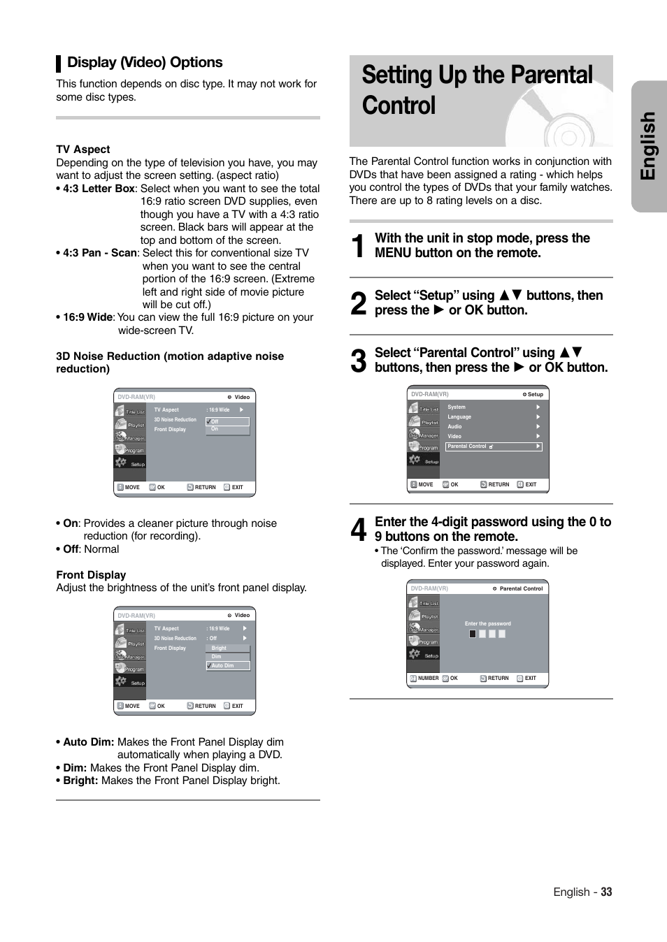 Setting up the parental control, English, Display (video) options | Hitachi DV-RX7000E User Manual | Page 33 / 93