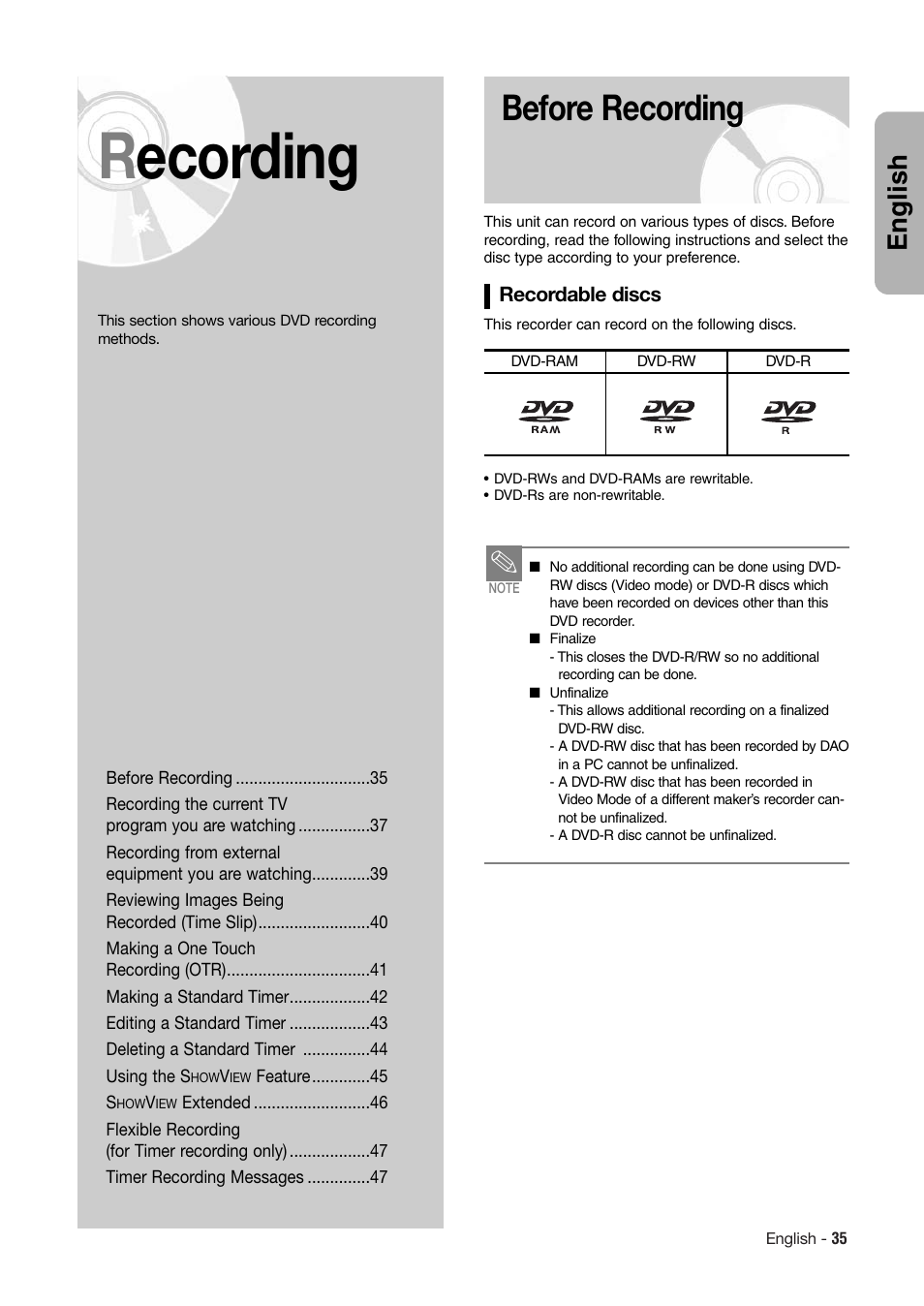 Recording, Before recording, English | Hitachi DV-RX7000E User Manual | Page 35 / 93