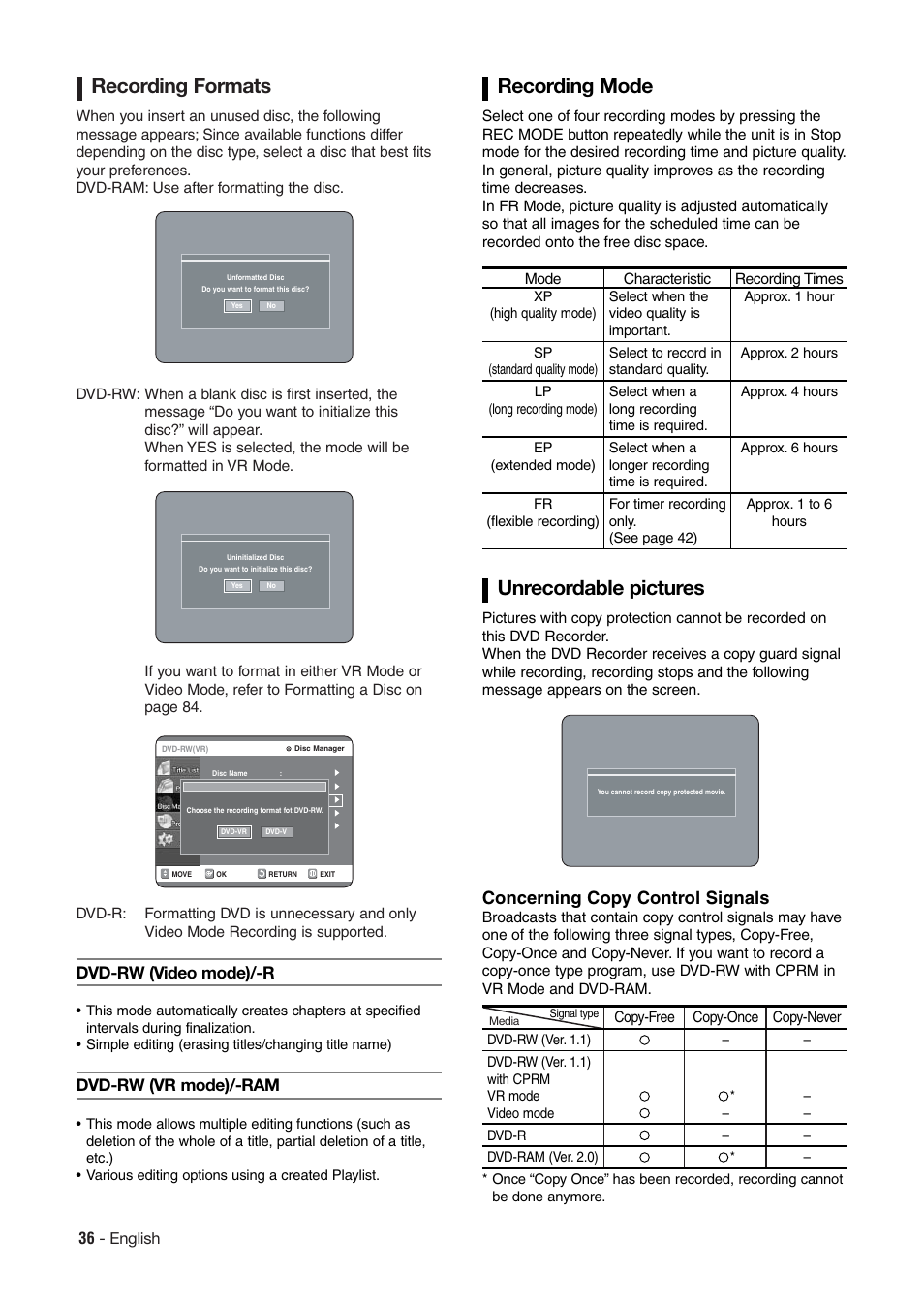 Recording formats, Recording mode, Unrecordable pictures | Concerning copy control signals, Dvd-rw (video mode)/-r, Dvd-rw (vr mode)/-ram | Hitachi DV-RX7000E User Manual | Page 36 / 93