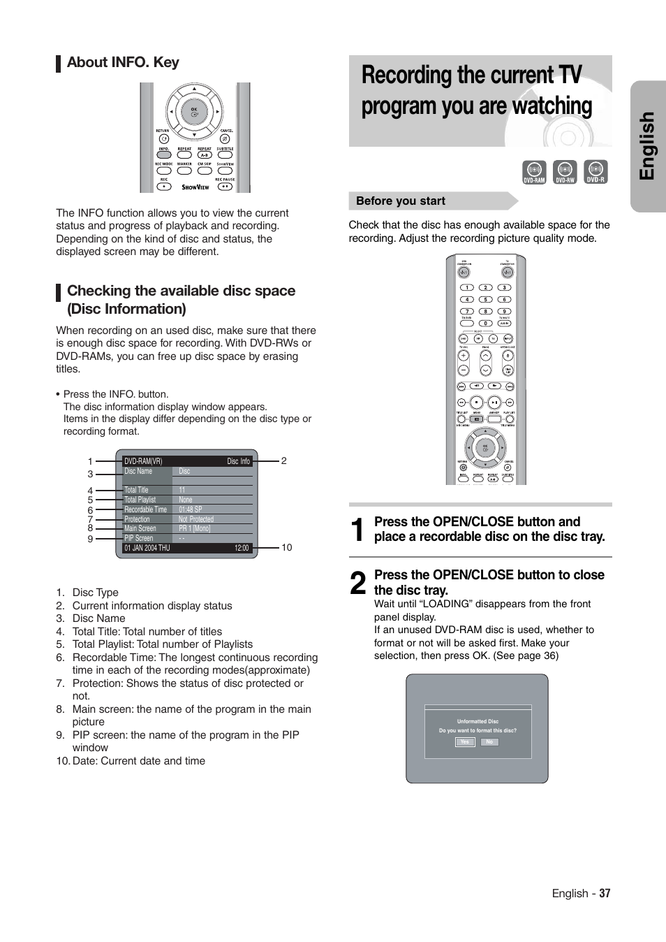 Recording the current tv program you are watching, English, About info. key | Hitachi DV-RX7000E User Manual | Page 37 / 93
