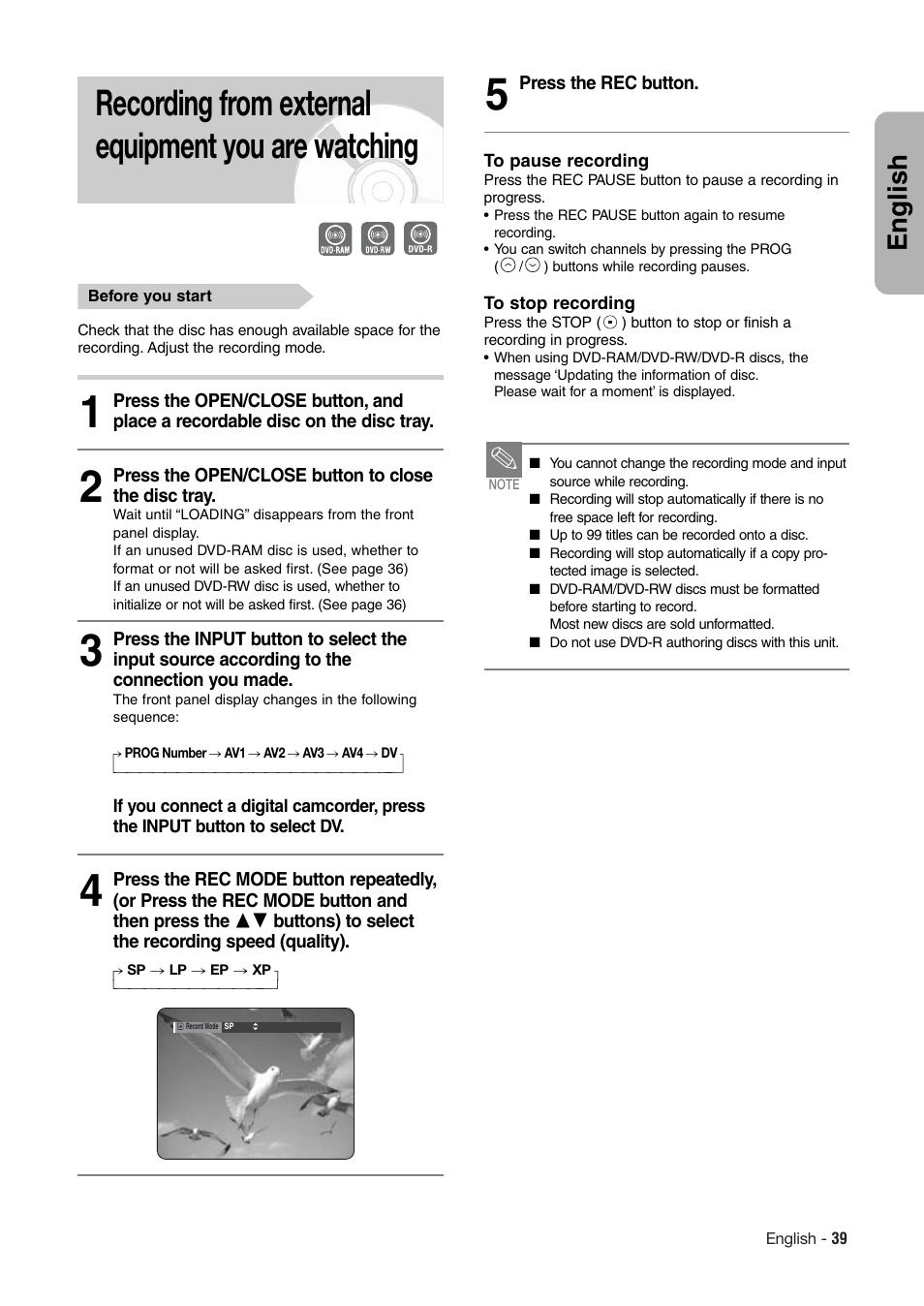 Recording from external equipment you are watching, English | Hitachi DV-RX7000E User Manual | Page 39 / 93