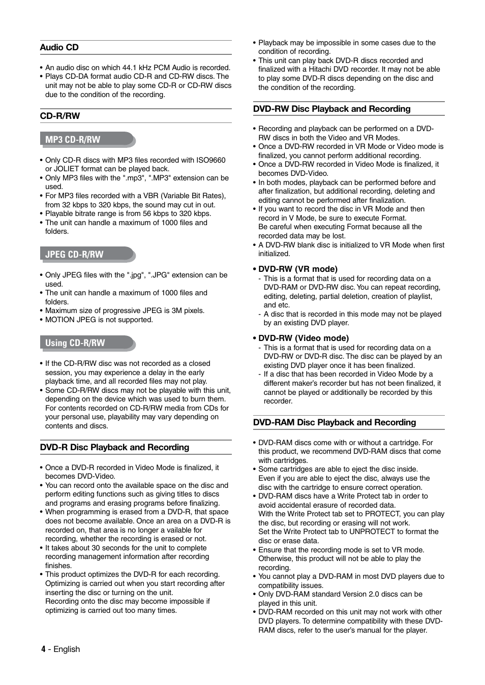 Mp3 cd-r/rw, Jpeg cd-r/rw, Using cd-r/rw | Hitachi DV-RX7000E User Manual | Page 4 / 93