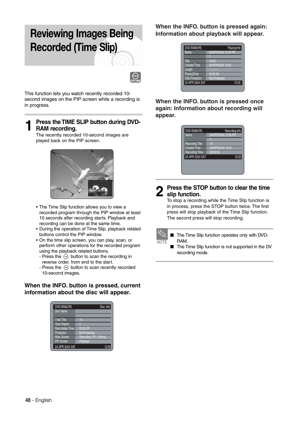 Reviewing images being recorded (time slip) | Hitachi DV-RX7000E User Manual | Page 40 / 93