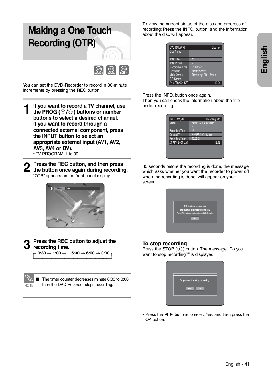 Making a one touch recording (otr), English, Press the rec button to adjust the recording time | Hitachi DV-RX7000E User Manual | Page 41 / 93