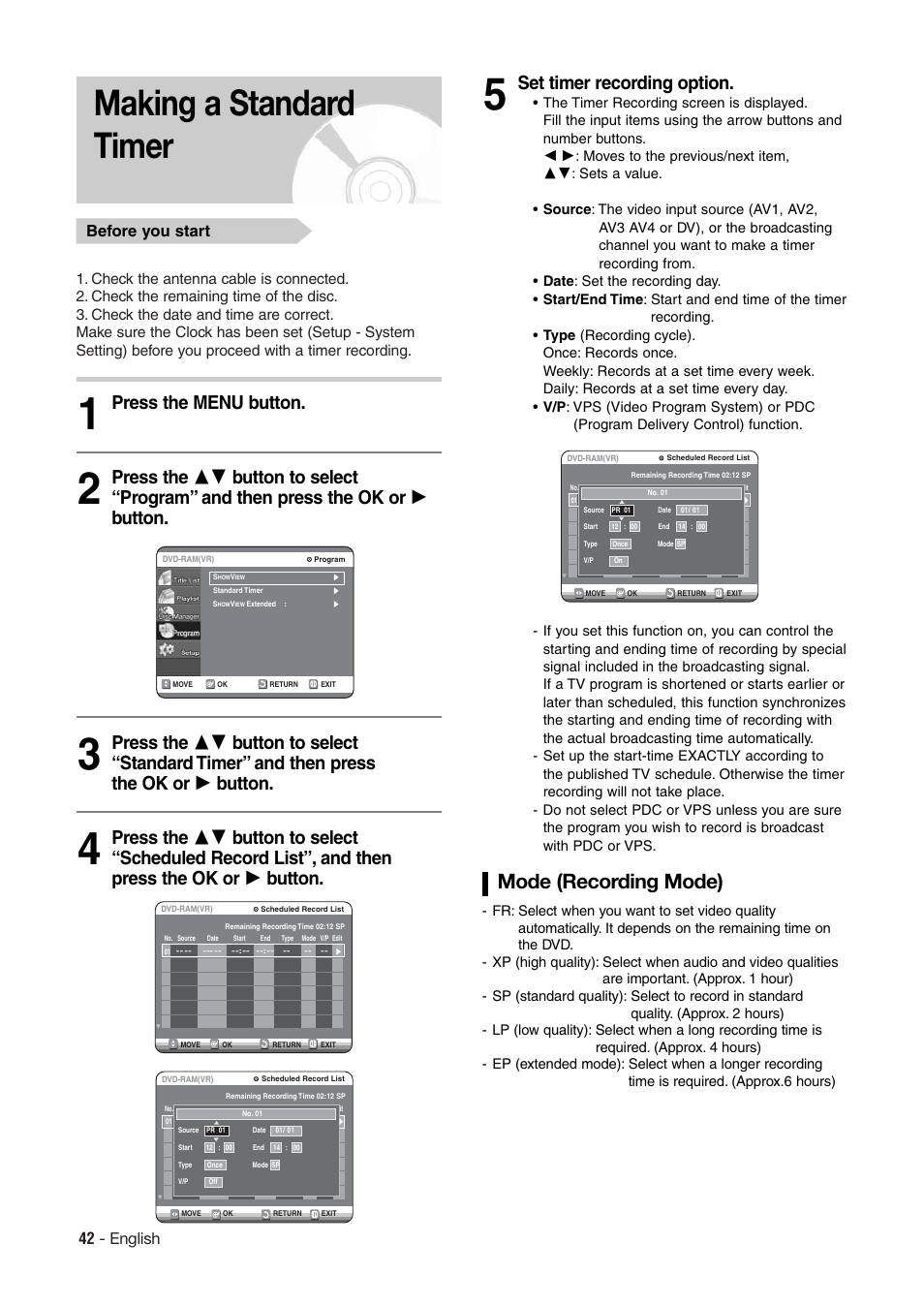Making a standard timer, Mode (recording mode), Set timer recording option | 42 - english, Before you start | Hitachi DV-RX7000E User Manual | Page 42 / 93