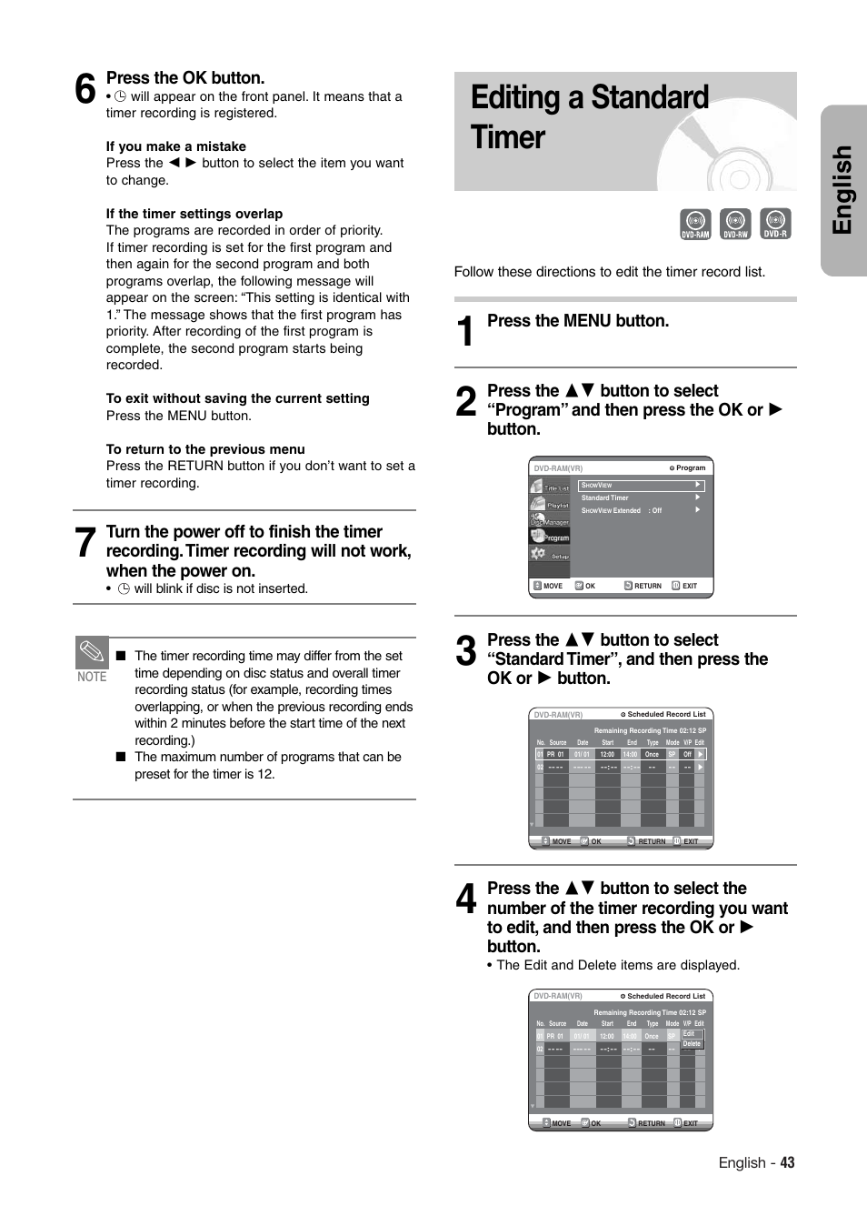 Editing a standard timer, English, Press the ok button | English - 43 | Hitachi DV-RX7000E User Manual | Page 43 / 93