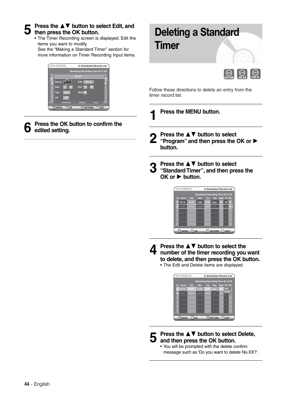 Deleting a standard timer, Press the ok button to confirm the edited setting, 44 - english | Hitachi DV-RX7000E User Manual | Page 44 / 93