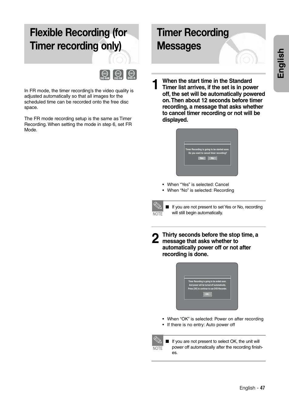 Flexible recording (for timer recording only), Timer recording messages, English | Hitachi DV-RX7000E User Manual | Page 47 / 93