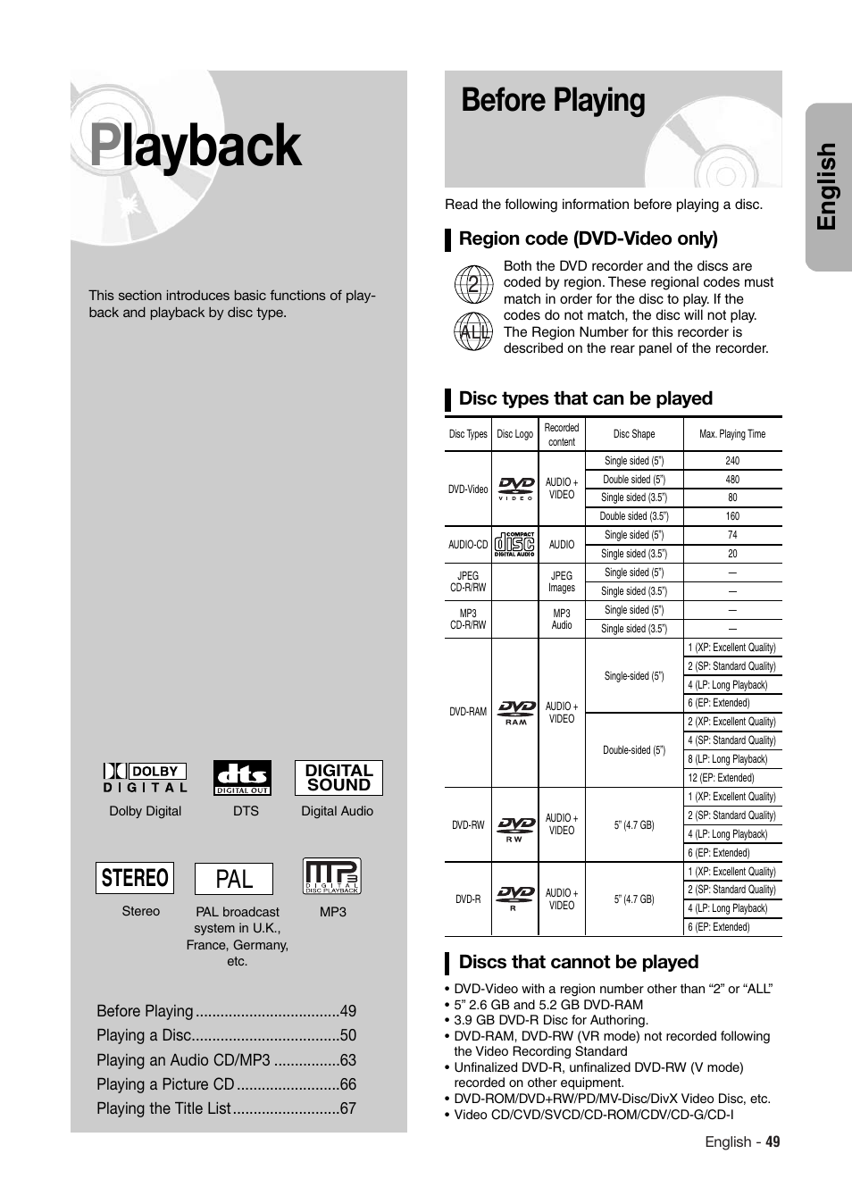 Playback, Before playing, English | Stereo, Region code (dvd-video only), Disc types that can be played, Discs that cannot be played | Hitachi DV-RX7000E User Manual | Page 49 / 93