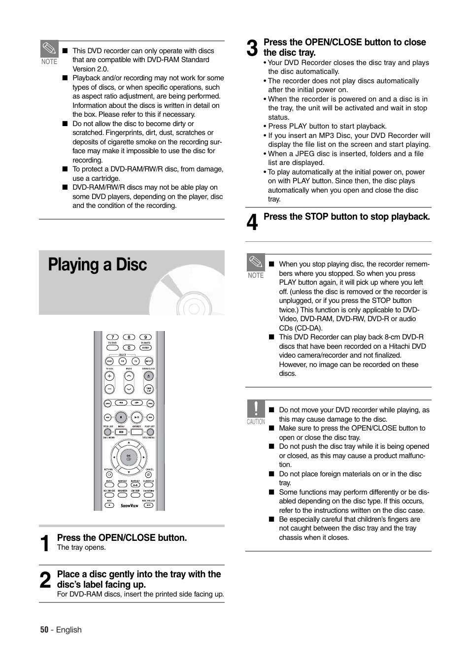 Playing a disc | Hitachi DV-RX7000E User Manual | Page 50 / 93