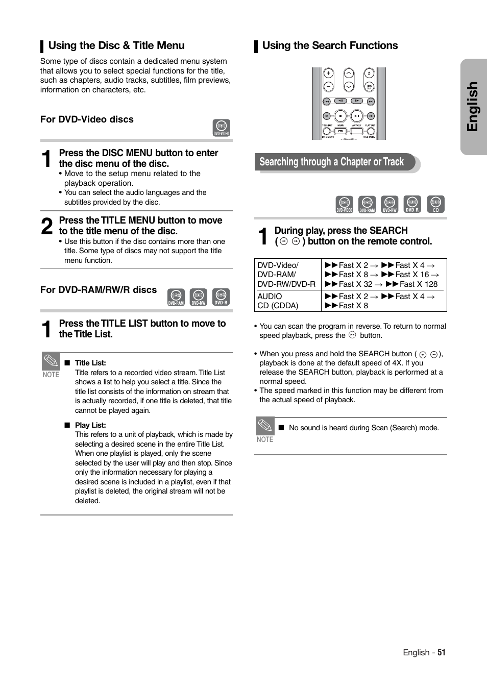 English, Searching through a chapter or track | Hitachi DV-RX7000E User Manual | Page 51 / 93