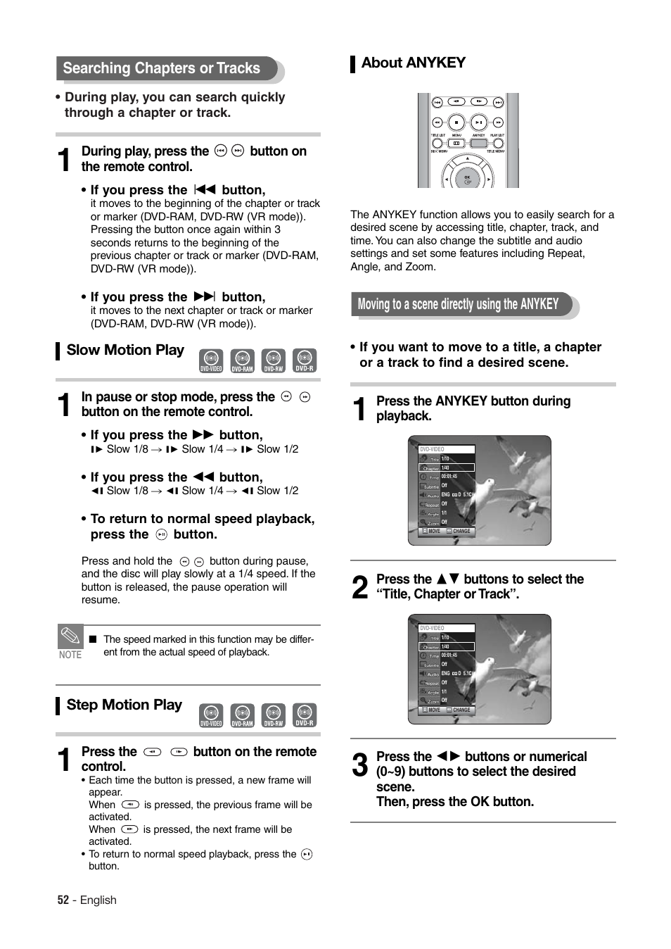 Slow motion play, Step motion play, About anykey | Hitachi DV-RX7000E User Manual | Page 52 / 93