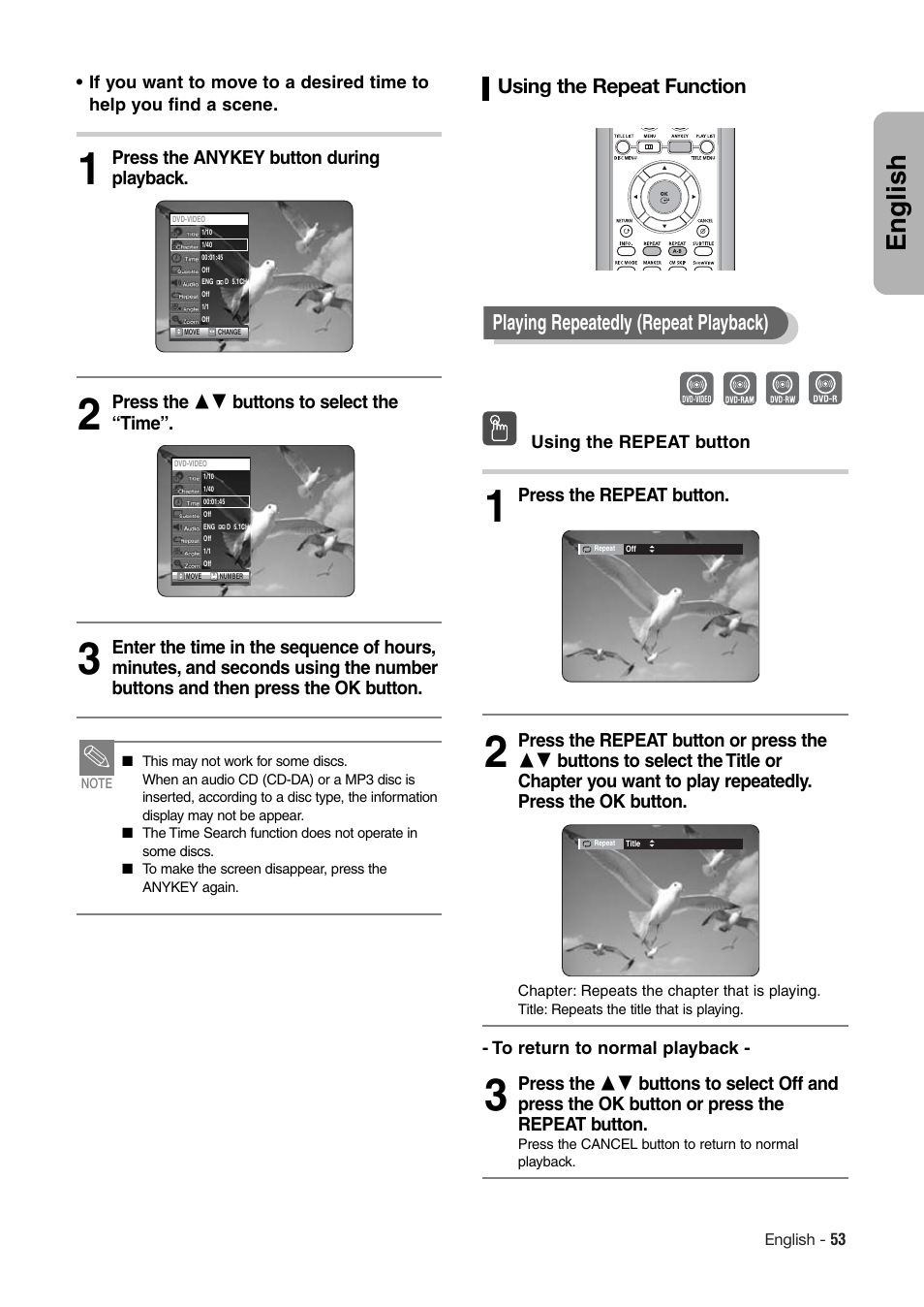 English, Playing repeatedly (repeat playback), Using the repeat function | Hitachi DV-RX7000E User Manual | Page 53 / 93