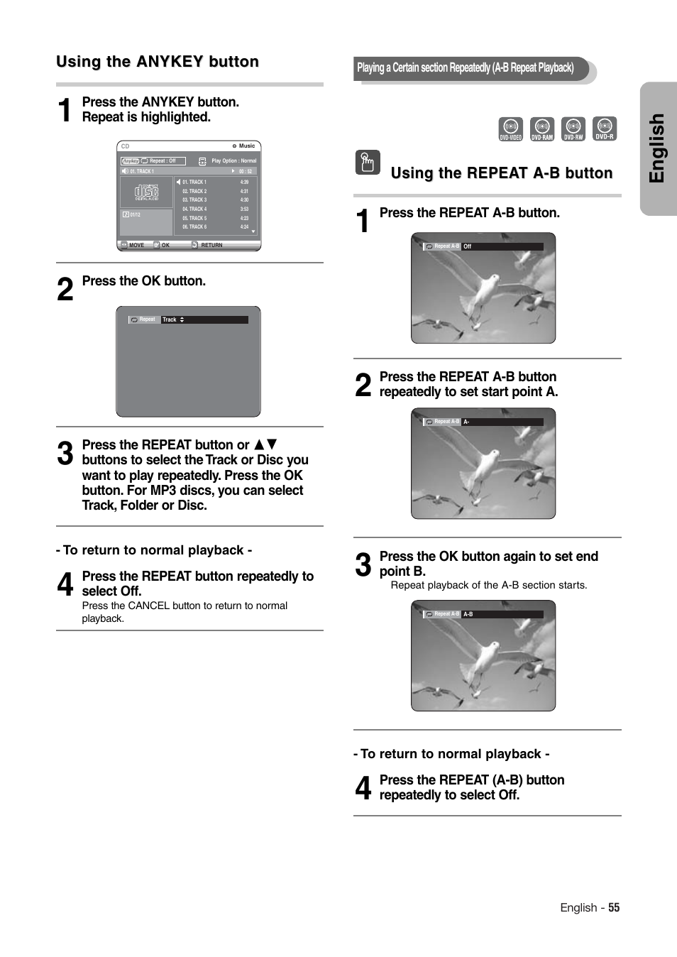 English, Using the anykey b, Using the anykey b utton utton | Using the repea, Using the repea t a-b b t a-b b utton utton | Hitachi DV-RX7000E User Manual | Page 55 / 93