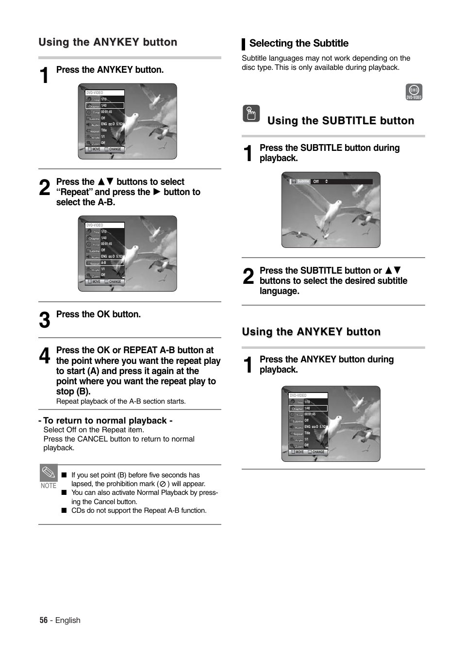 Using the anykey b, Using the anykey b utton utton, Using the subtitle b | Using the subtitle b utton utton, Selecting the subtitle | Hitachi DV-RX7000E User Manual | Page 56 / 93