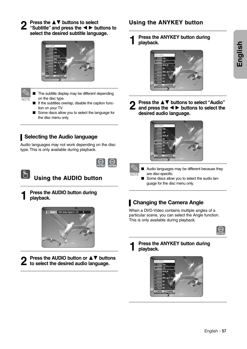 English, Using the a, Using the a udio b udio b utton utton | Using the anykey b, Using the anykey b utton utton, Selecting the audio language, Changing the camera angle, Press the anykey button during playback | Hitachi DV-RX7000E User Manual | Page 57 / 93