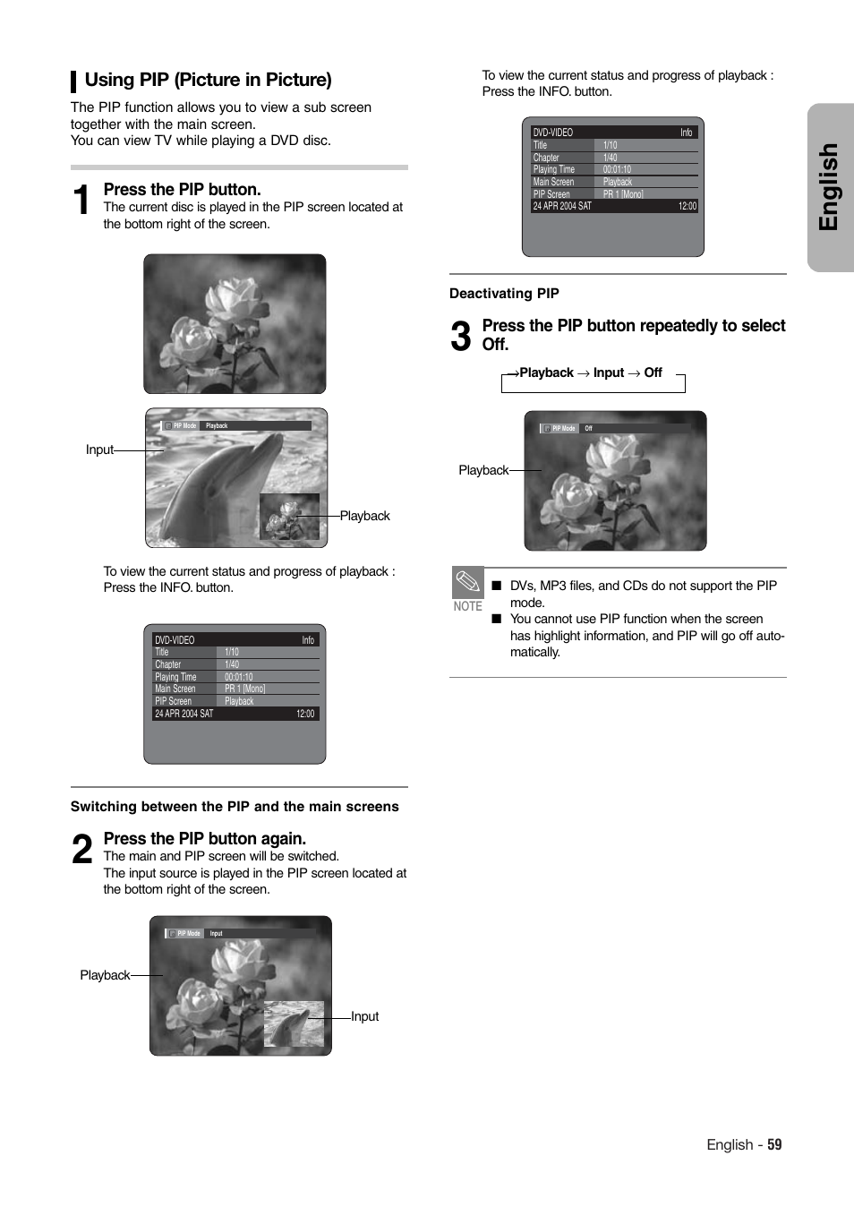 English, Using pip (picture in picture), Press the pip button repeatedly to select off | Press the pip button, Press the pip button again | Hitachi DV-RX7000E User Manual | Page 59 / 93