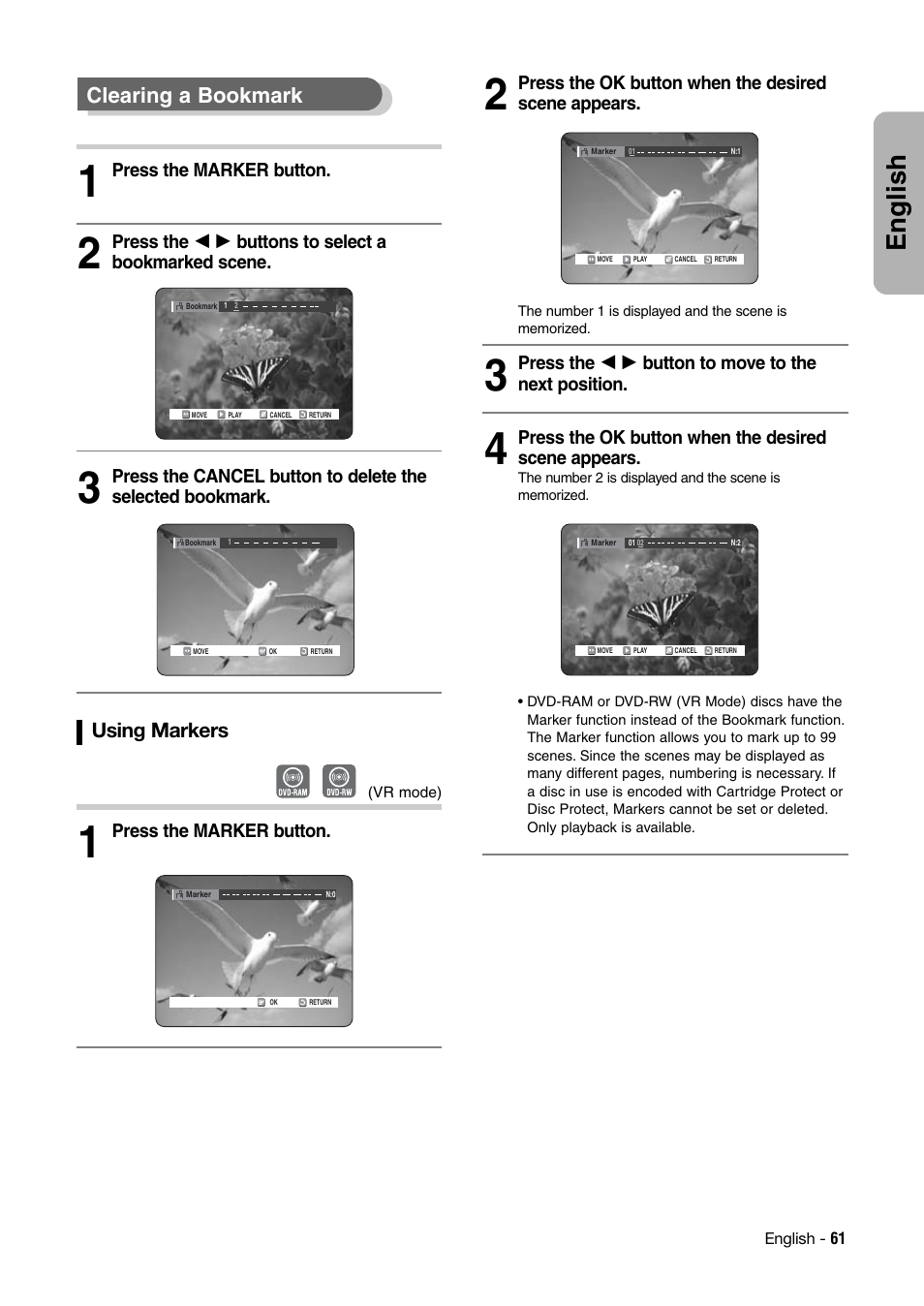 English, Clearing a bookmark, Using markers | Hitachi DV-RX7000E User Manual | Page 61 / 93