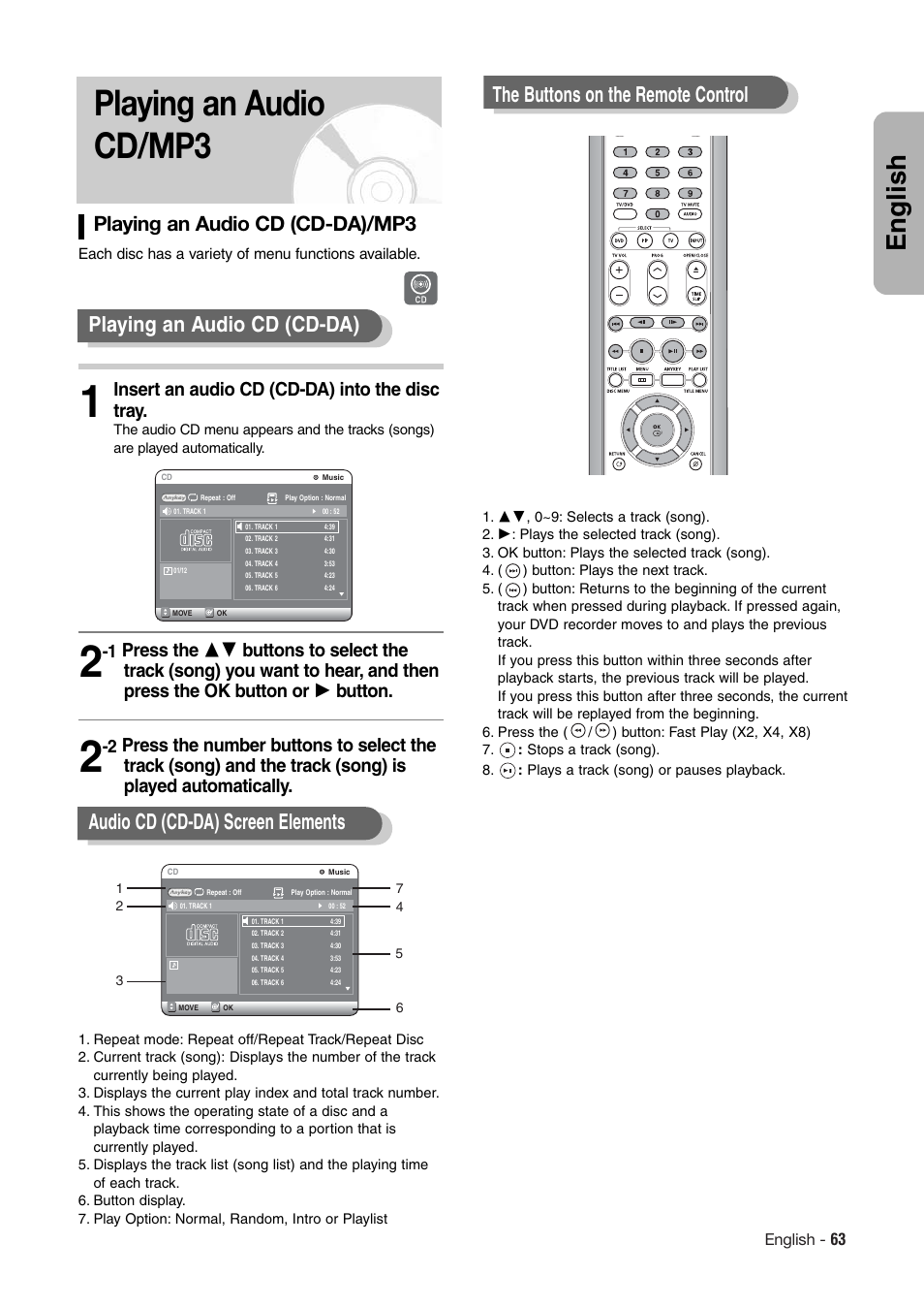 Playing an audio cd/mp3, English, Playing an audio cd (cd-da) | Audio cd (cd-da) screen elements, The buttons on the remote control, Playing an audio cd (cd-da)/mp3, Insert an audio cd (cd-da) into the disc tray | Hitachi DV-RX7000E User Manual | Page 63 / 93