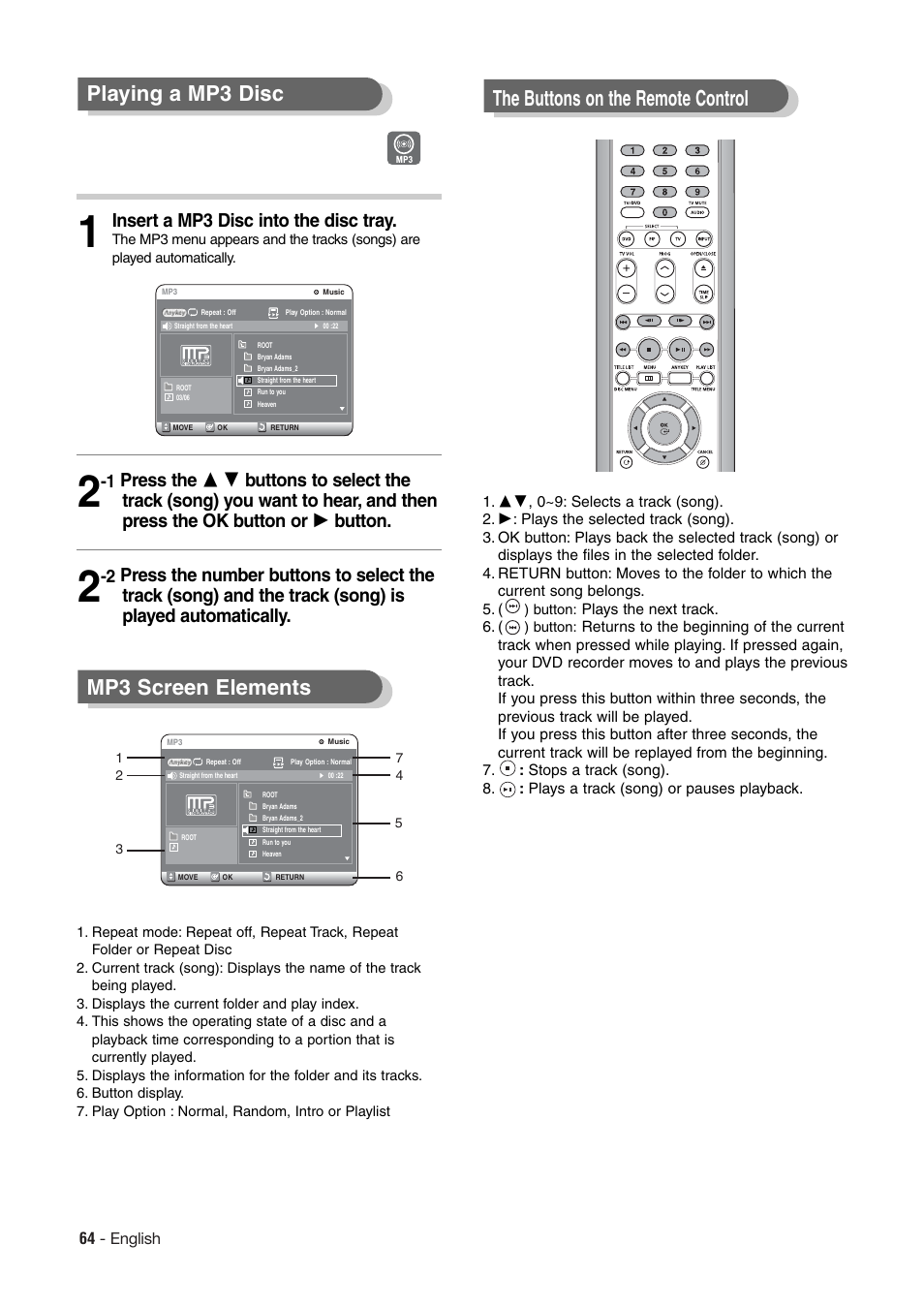 The buttons on the remote control, Playing a mp3 disc, Mp3 screen elements | Insert a mp3 disc into the disc tray | Hitachi DV-RX7000E User Manual | Page 64 / 93