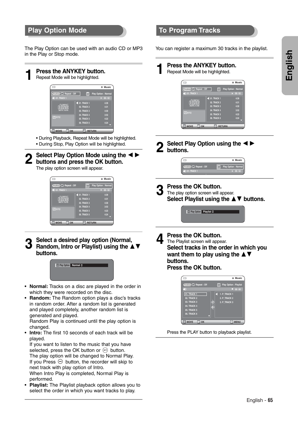 English, Play option mode, Press the anykey button | English - 65 | Hitachi DV-RX7000E User Manual | Page 65 / 93