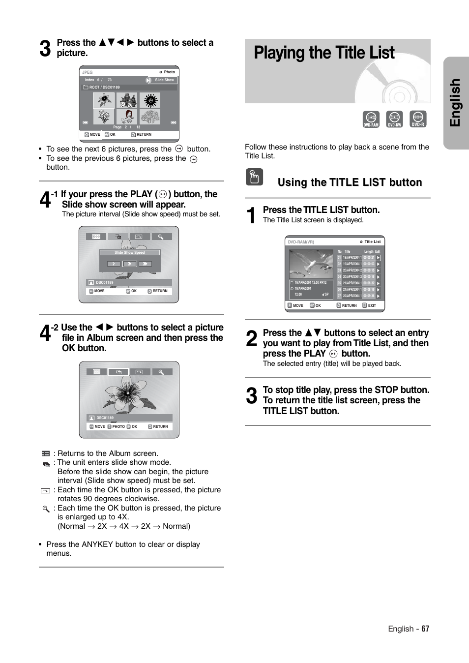 Playing the title list, English, Using the | Using the title list b title list b utton utton, Press the 342 1 buttons to select a picture, Press the title list button | Hitachi DV-RX7000E User Manual | Page 67 / 93