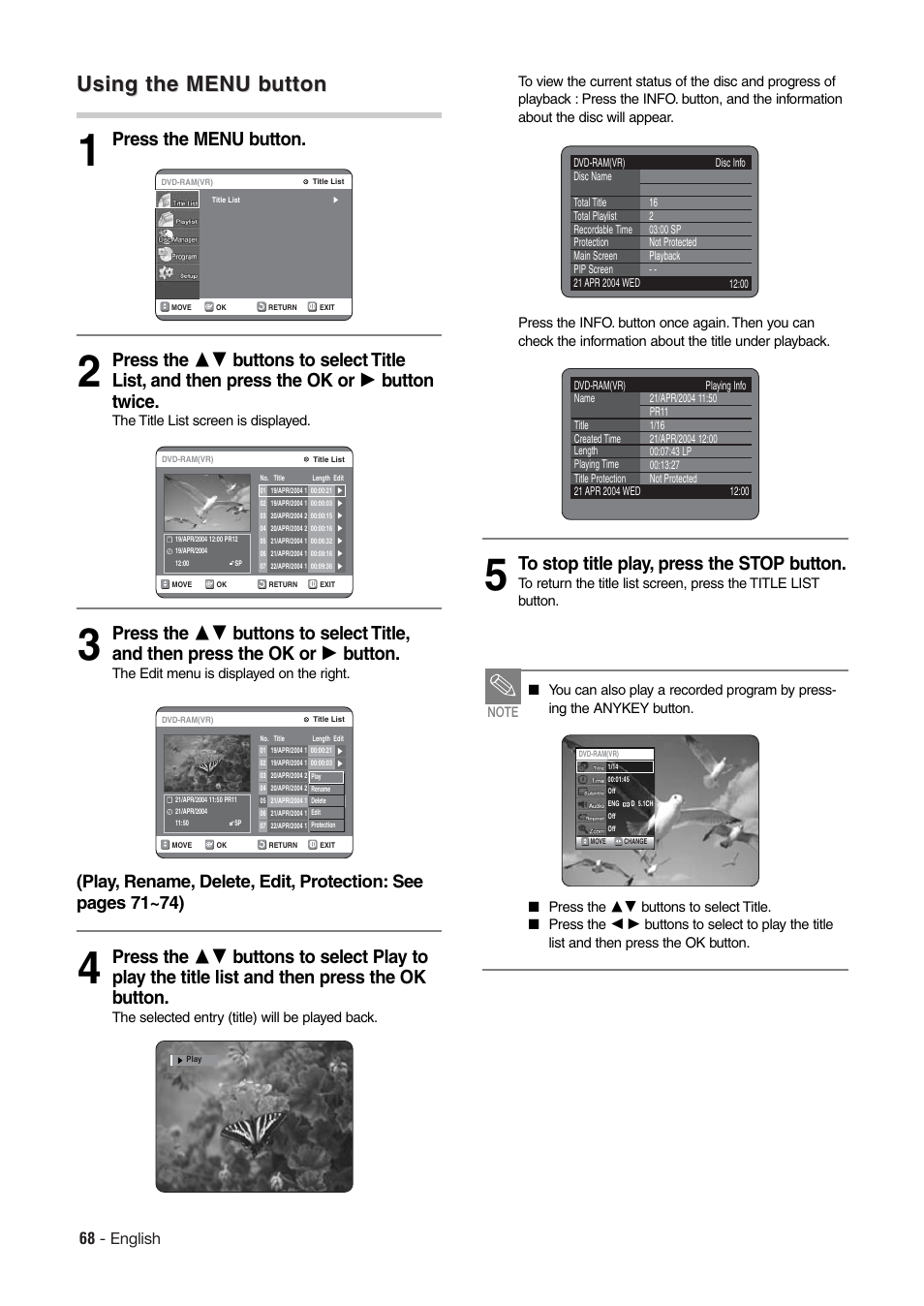 Using the menu b, Using the menu b utton utton, 68 - english | Hitachi DV-RX7000E User Manual | Page 68 / 93