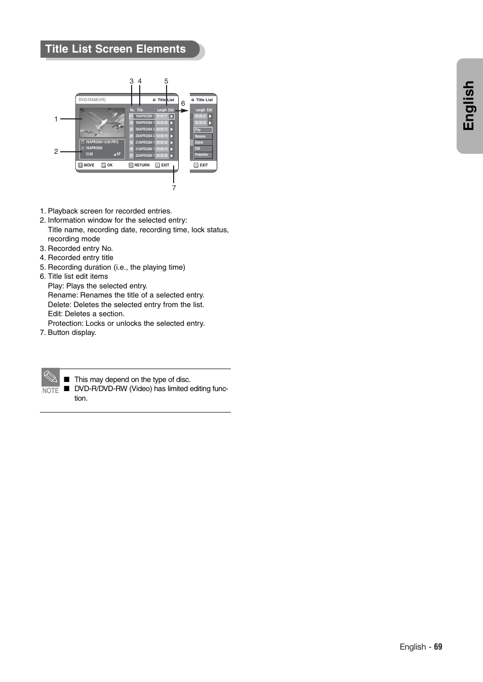 English, Title list screen elements, English - 69 | Hitachi DV-RX7000E User Manual | Page 69 / 93