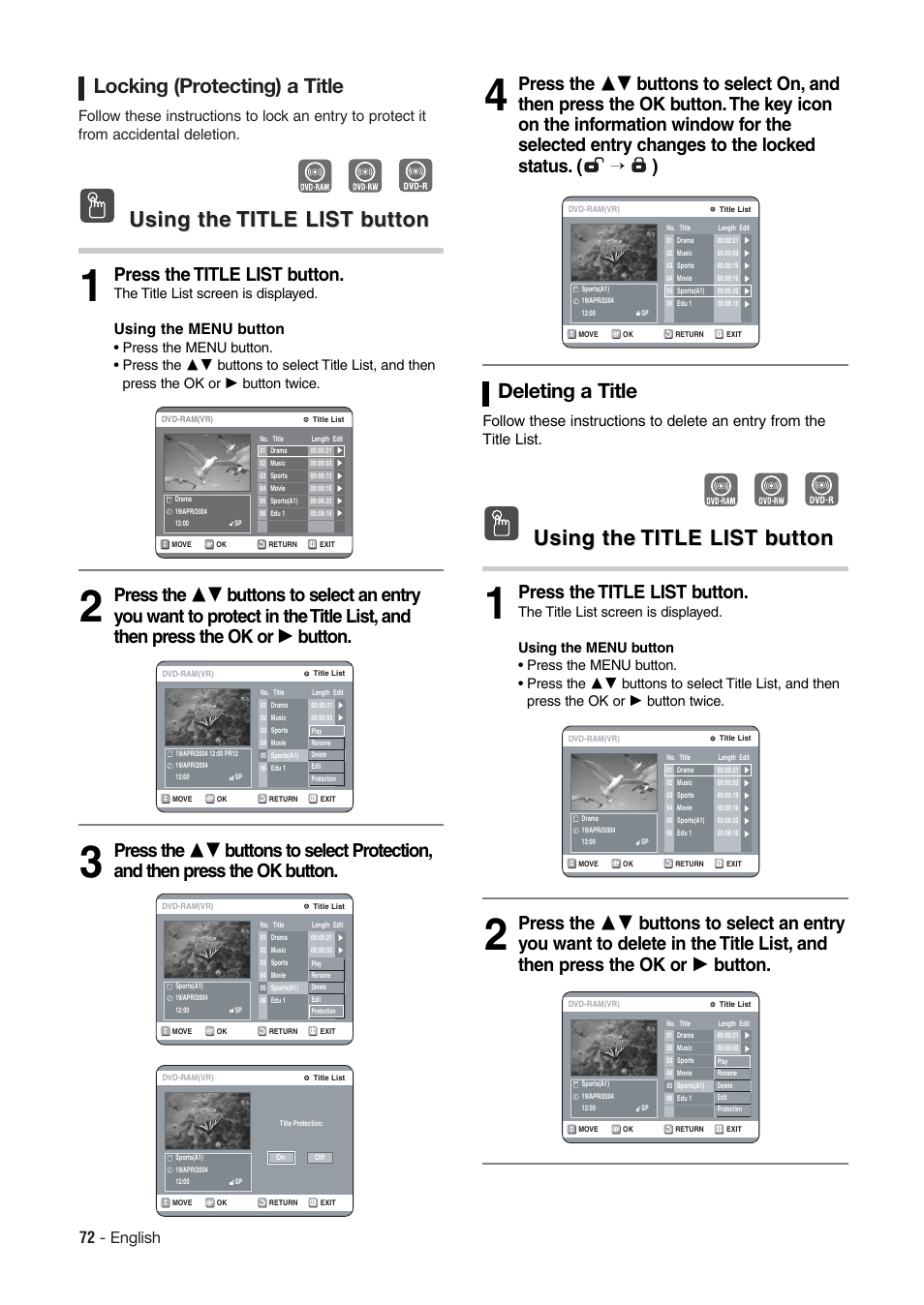 Using the, Using the title list b title list b utton utton, Locking (protecting) a title | Deleting a title, Press the title list button, 72 - english, Using the menu button, The title list screen is displayed | Hitachi DV-RX7000E User Manual | Page 72 / 93