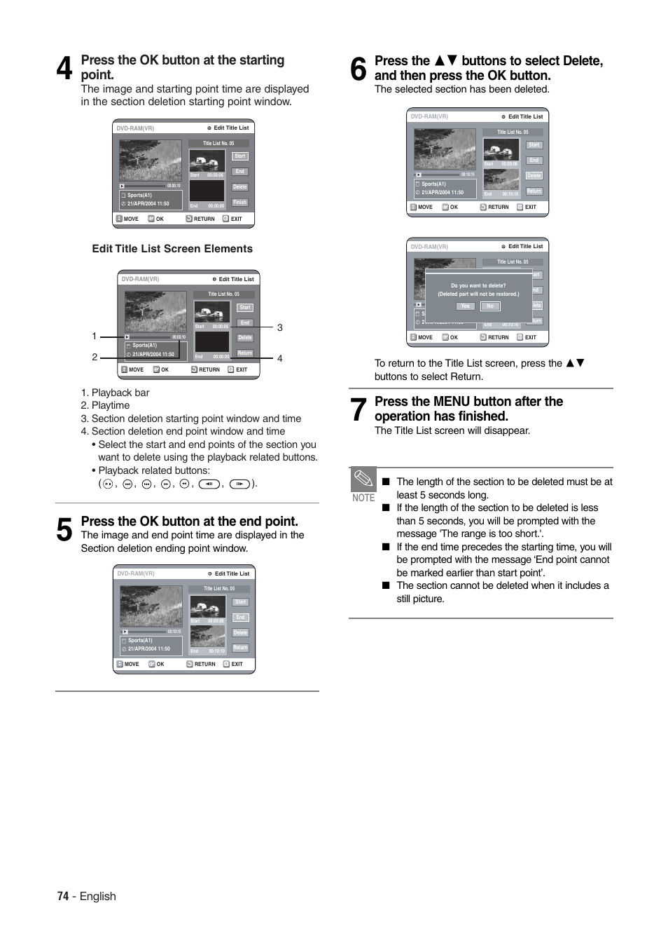 Press the ok button at the starting point, Press the ok button at the end point, 74 - english | Hitachi DV-RX7000E User Manual | Page 74 / 93