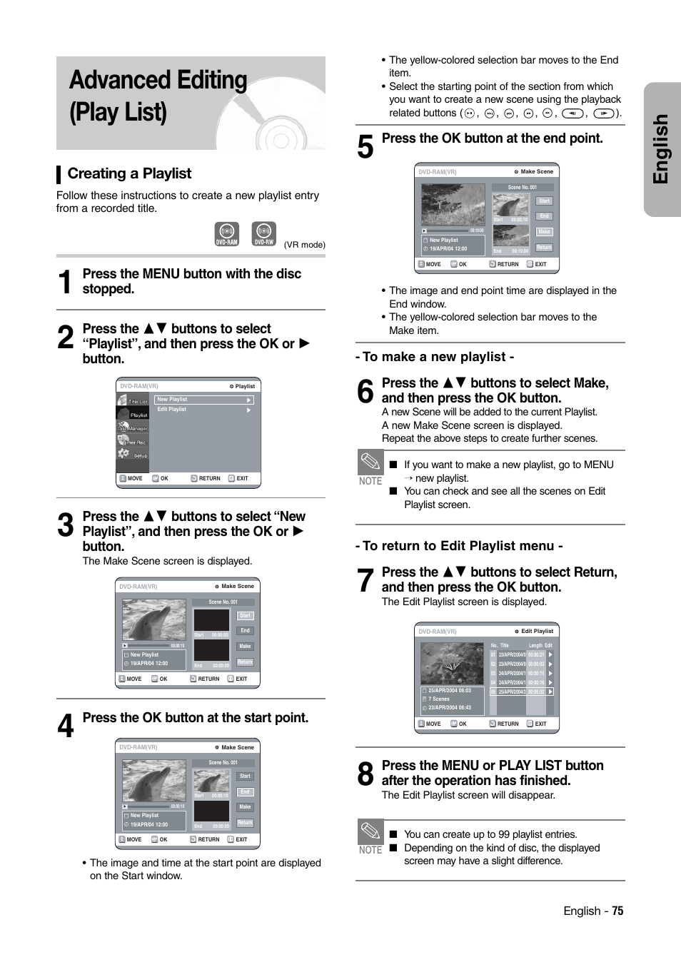 Advanced editing (play list), English, Creating a playlist | Press the ok button at the end point, Press the ok button at the start point | Hitachi DV-RX7000E User Manual | Page 75 / 93