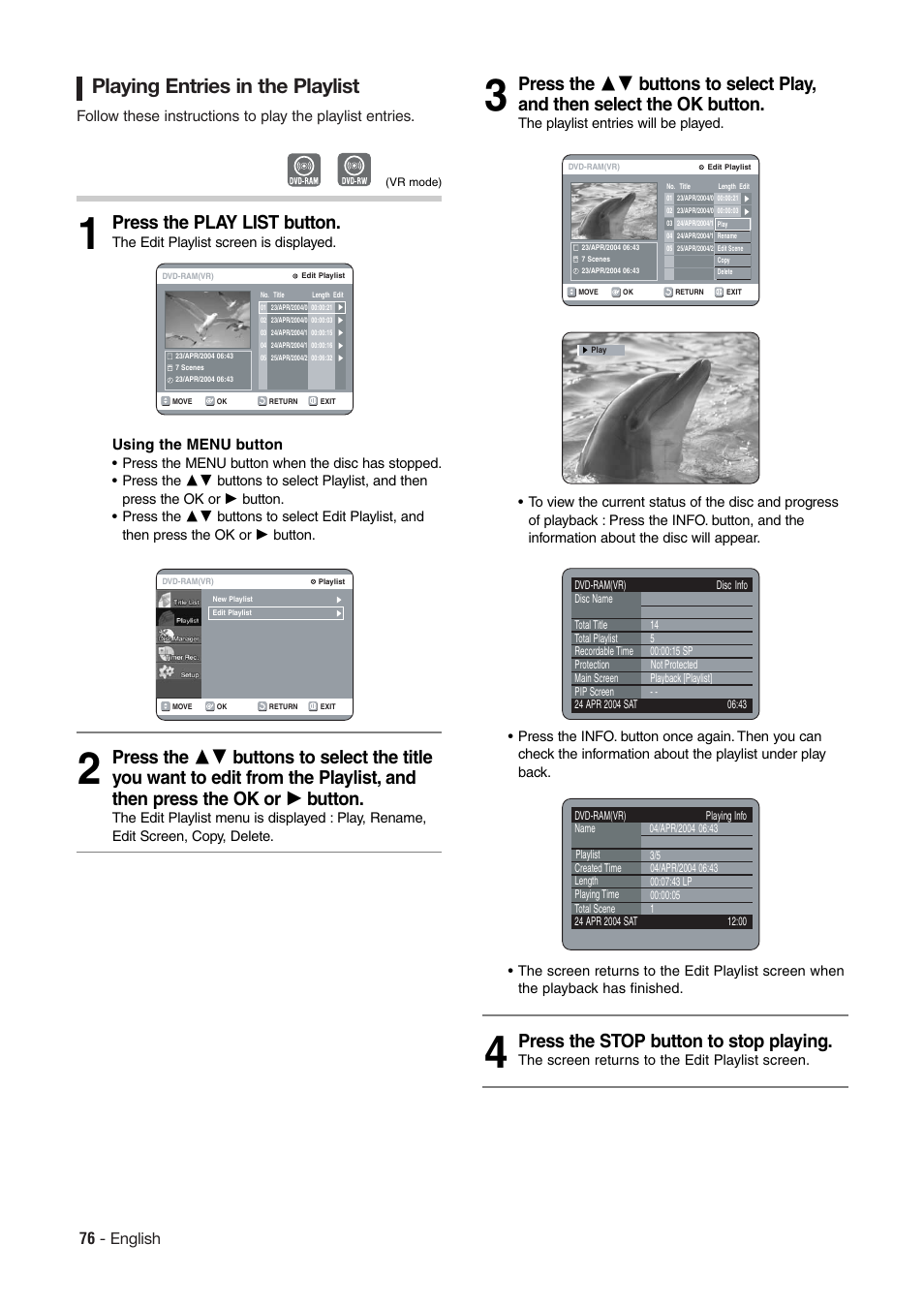 Playing entries in the playlist, Press the play list button, Press the stop button to stop playing | 76 - english | Hitachi DV-RX7000E User Manual | Page 76 / 93