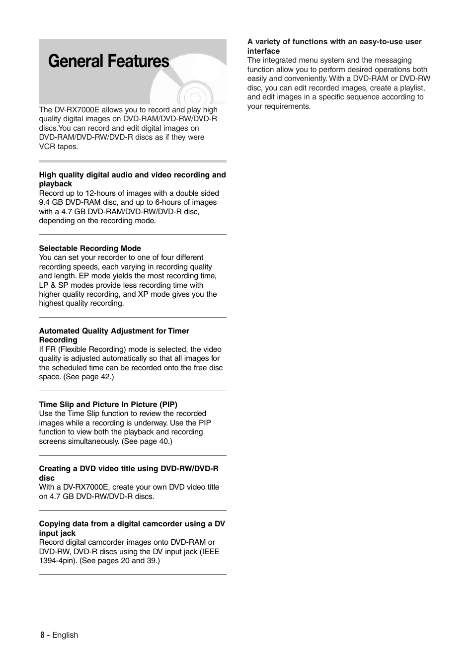 General features | Hitachi DV-RX7000E User Manual | Page 8 / 93