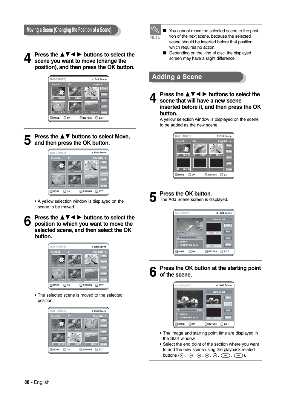 Moving a scene (changing the position of a scene), Adding a scene, Press the ok button | 80 - english, The add scene screen is displayed | Hitachi DV-RX7000E User Manual | Page 80 / 93