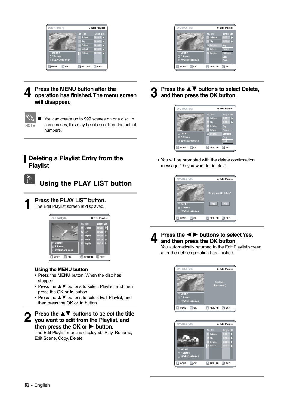 Using the pla, Using the pla y list b y list b utton utton, Deleting a playlist entry from the playlist | Press the play list button, 82 - english, Using the menu button, The edit playlist screen is displayed | Hitachi DV-RX7000E User Manual | Page 82 / 93