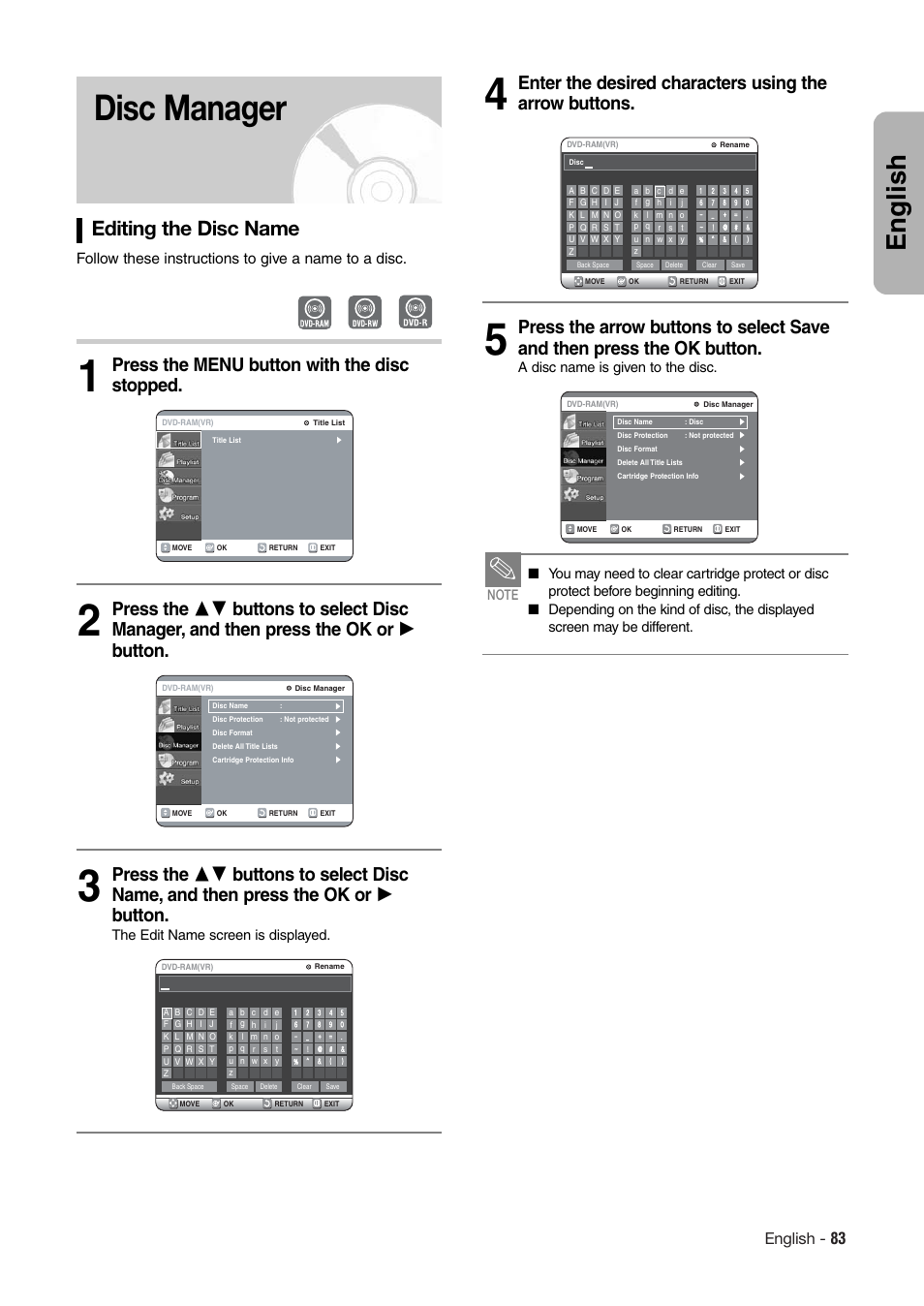 Disc manager, English, Editing the disc name | English - 83, Follow these instructions to give a name to a disc | Hitachi DV-RX7000E User Manual | Page 83 / 93