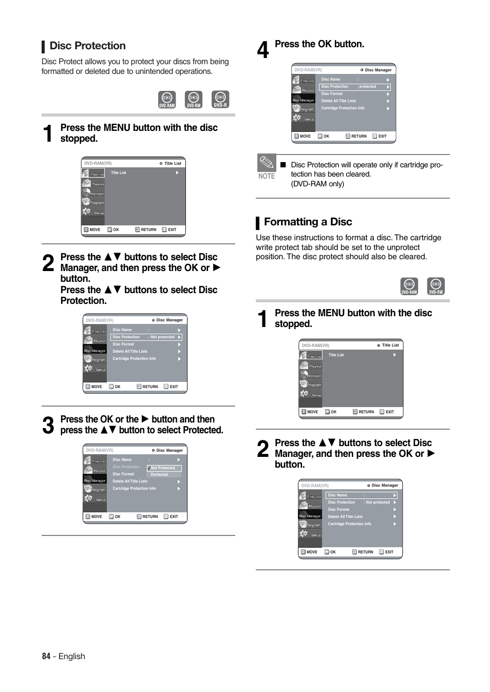 Disc protection, Formatting a disc, Press the ok button | 84 - english | Hitachi DV-RX7000E User Manual | Page 84 / 93