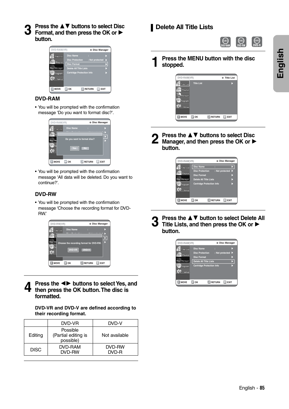 English, Delete all title lists, Dvd-ram | Dvd-rw, English - 85 | Hitachi DV-RX7000E User Manual | Page 85 / 93