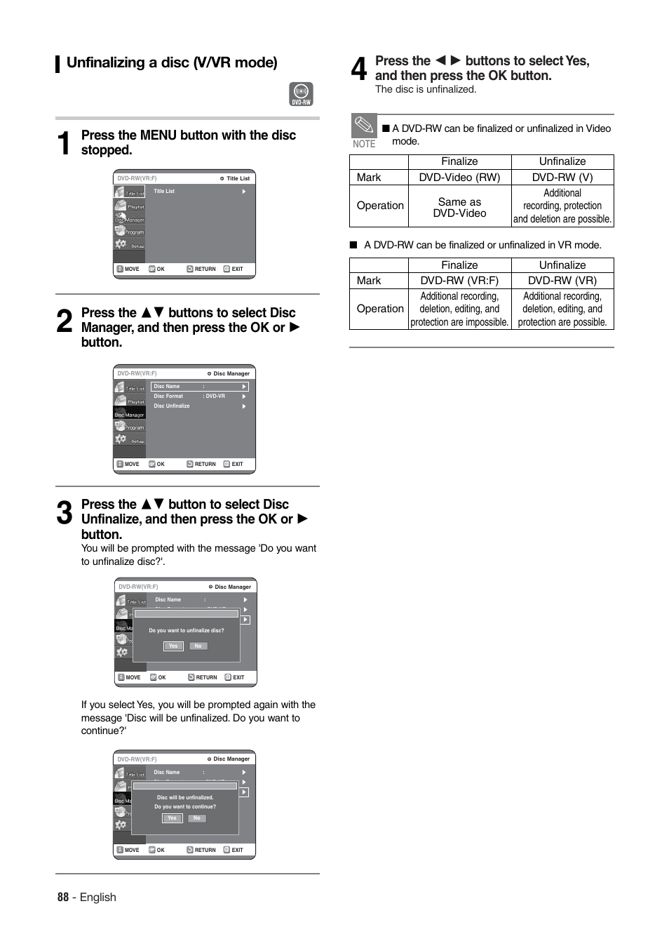 Unfinalizing a disc (v/vr mode), 88 - english | Hitachi DV-RX7000E User Manual | Page 88 / 93