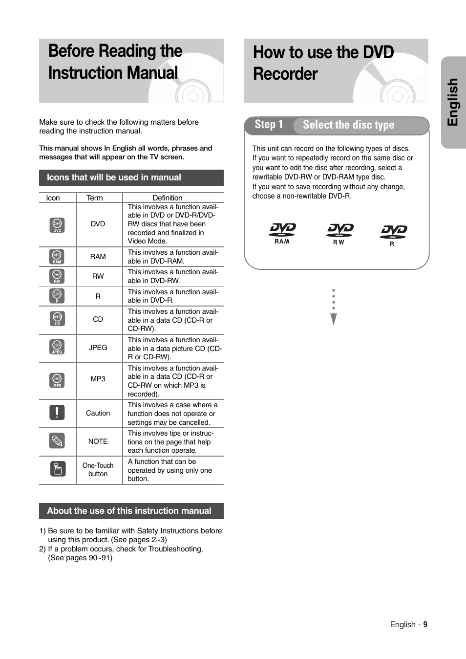 How to use the dvd recorder, Before reading the instruction manual, English | Step 1 select the disc type | Hitachi DV-RX7000E User Manual | Page 9 / 93