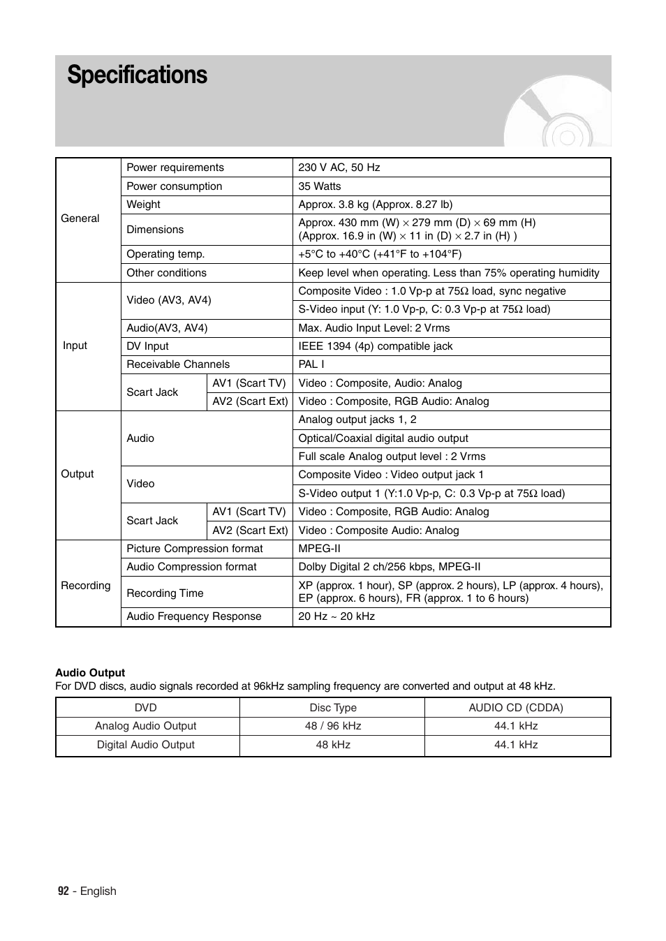 Specifications | Hitachi DV-RX7000E User Manual | Page 92 / 93